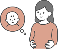 妊婦さんがお腹を触りながら赤ちゃんのことについて考えているイラストです。