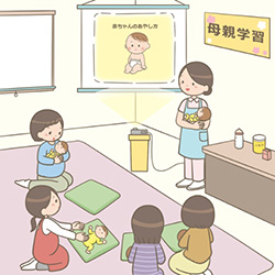 母親学級の様子を描いたイラスト画像です。赤ちゃんを連れたママたち4人が床に座り助産師さんから赤ちゃんのあやし方について講習を受けています。