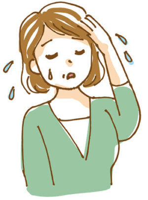 顔のほてりを感じて汗をかいている更年期の女性のイラスト画像です。