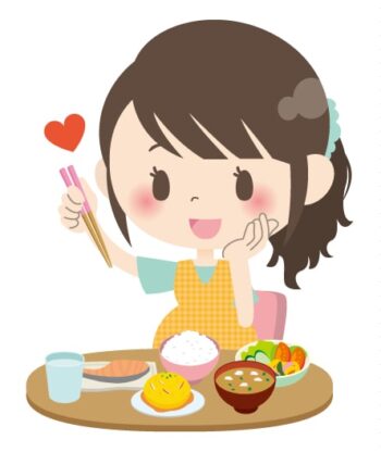 健康的でおいしそうな食事を前に、嬉しそうにしている妊婦さんのイラスト画像です。