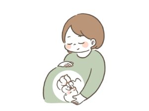 お腹の中で羊水に浮かぶ赤ちゃんを感じながら目を閉じてお腹に手を当てる妊婦さんのイラスト画像です。