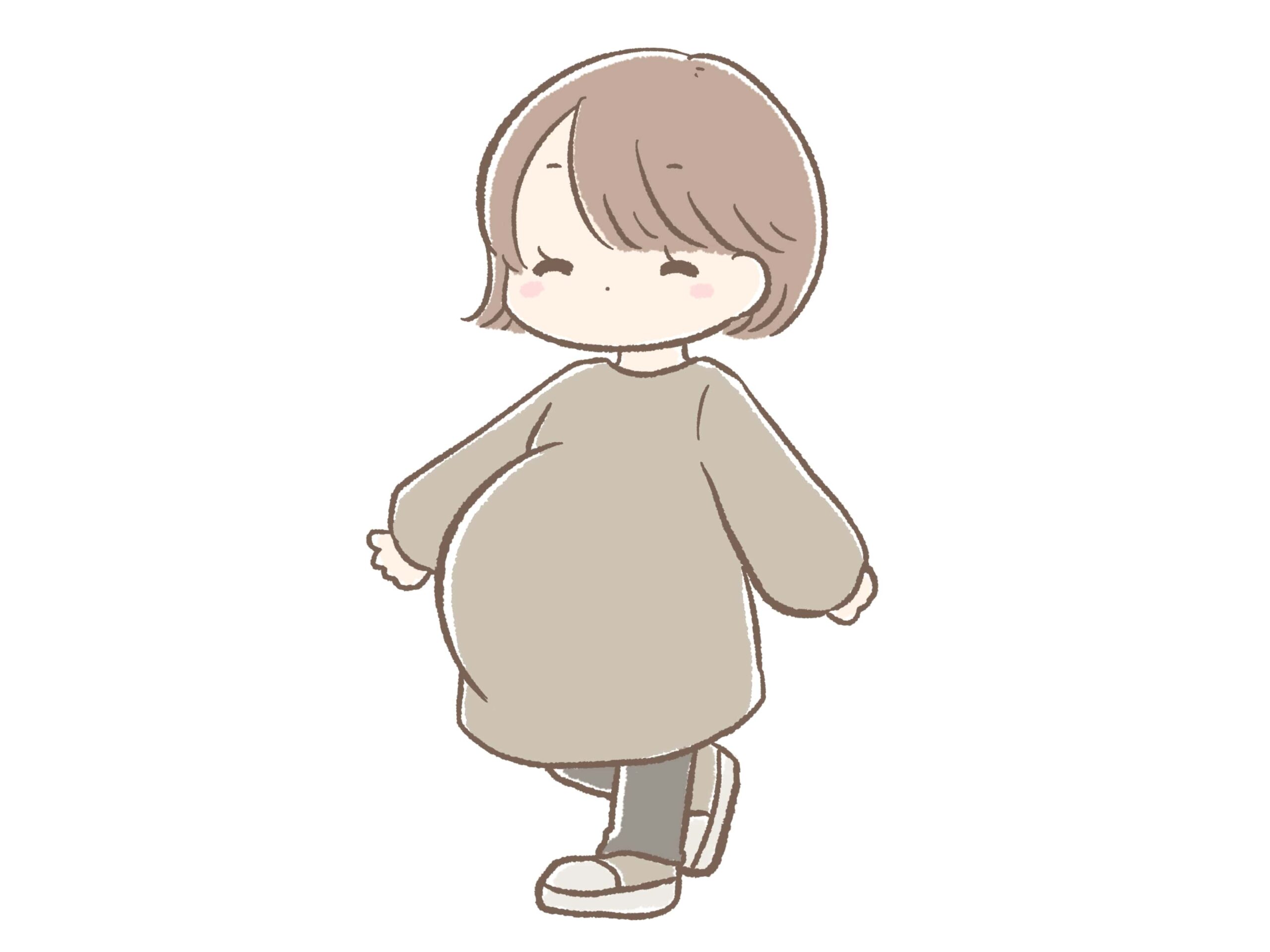 お腹の大きな妊婦さんが笑顔で歩いているイラスト画像です。