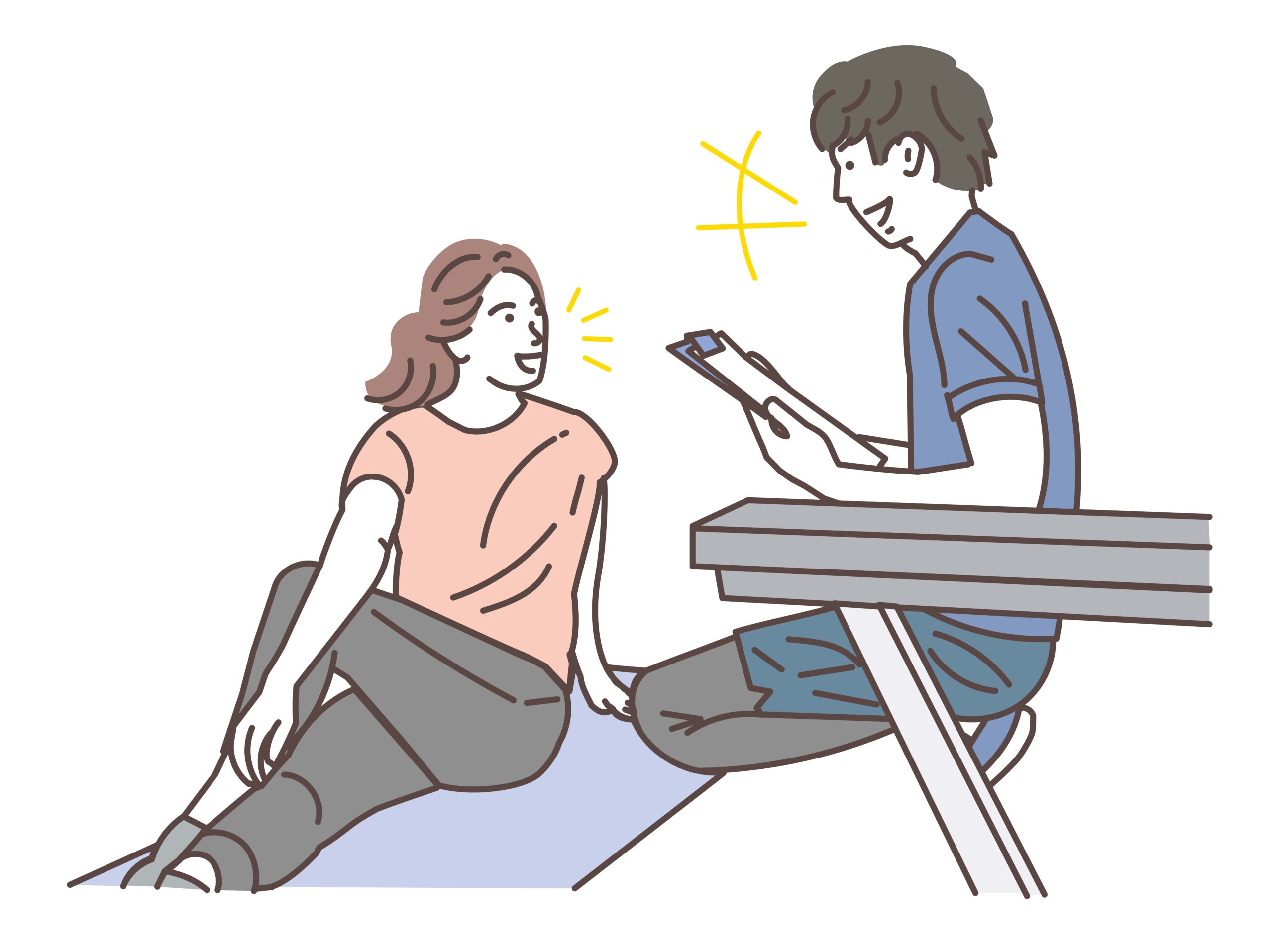 ストレッチ講座を受ける人が、コーチと対面でお話ししているイラスト画像です。