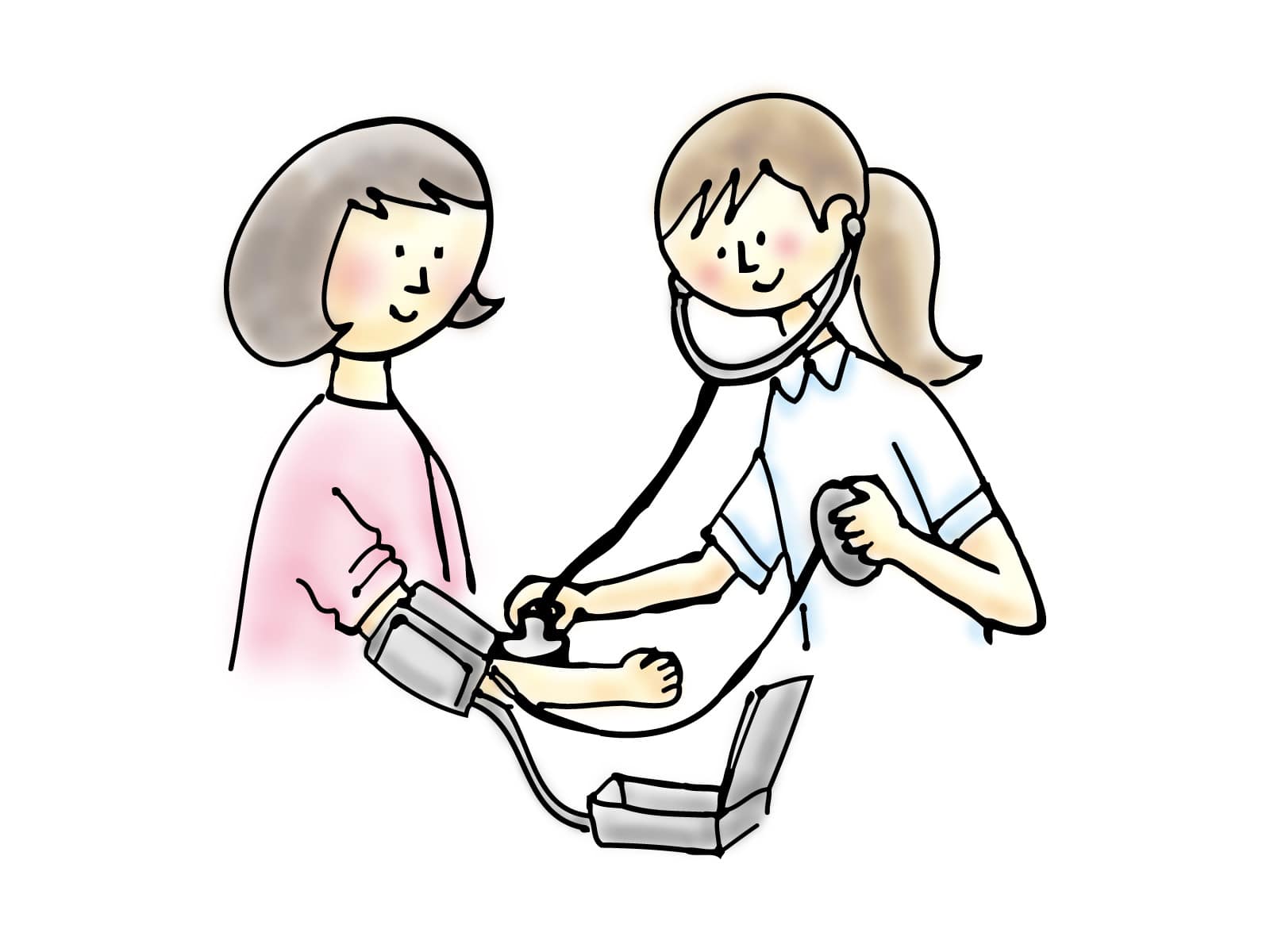 女性の看護師さんが女性の患者さんの血圧を測定しているイラストです。