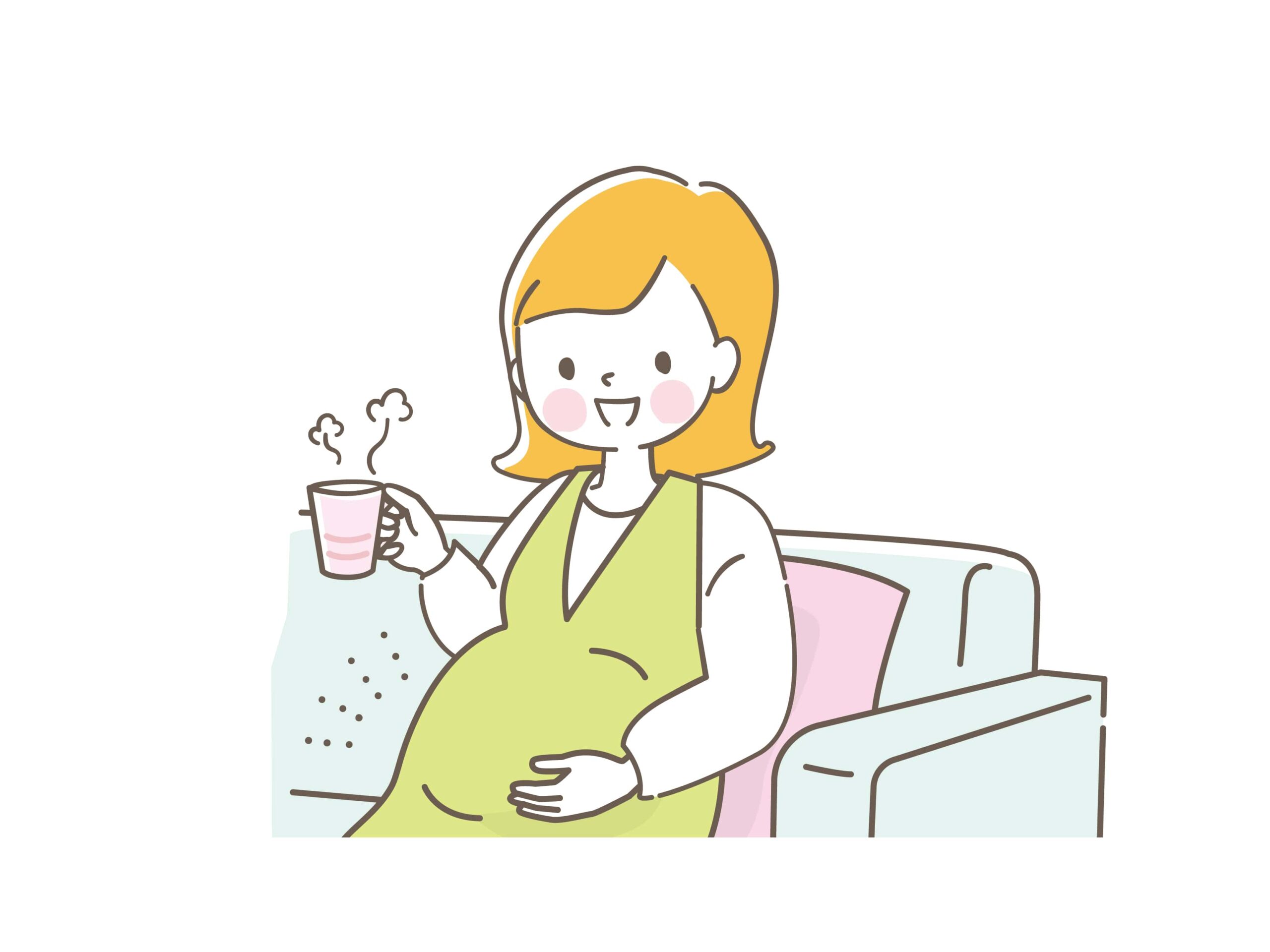 妊婦さんが温かいお茶を飲みながら笑顔でお腹に触れているイラストです。