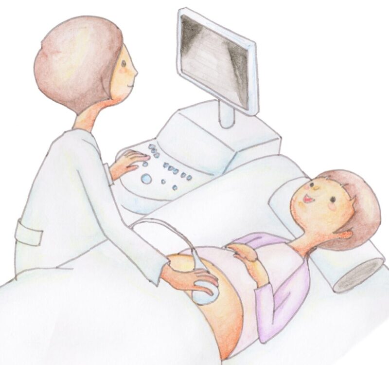 お腹の超音波エコー検査を受ける妊婦さんのイラストです。