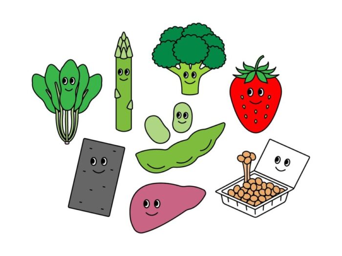 葉酸を多く含む食べ物を表示したイラストです。ブロッコリー、納豆、イチゴ、レバー、ほうれん草、アスパラなどが描かれています。